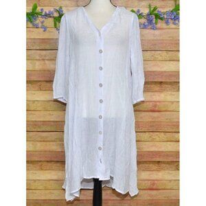 Mlle Gabrielle White Gauzy Sheer Button Up 3/4 Sleeve V-Neck Shirt Dress Size XL